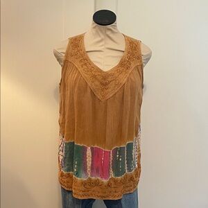 Women's Vintage 90’s Embroidered V-Neck Tank Top in Camel with Multicolor Panel